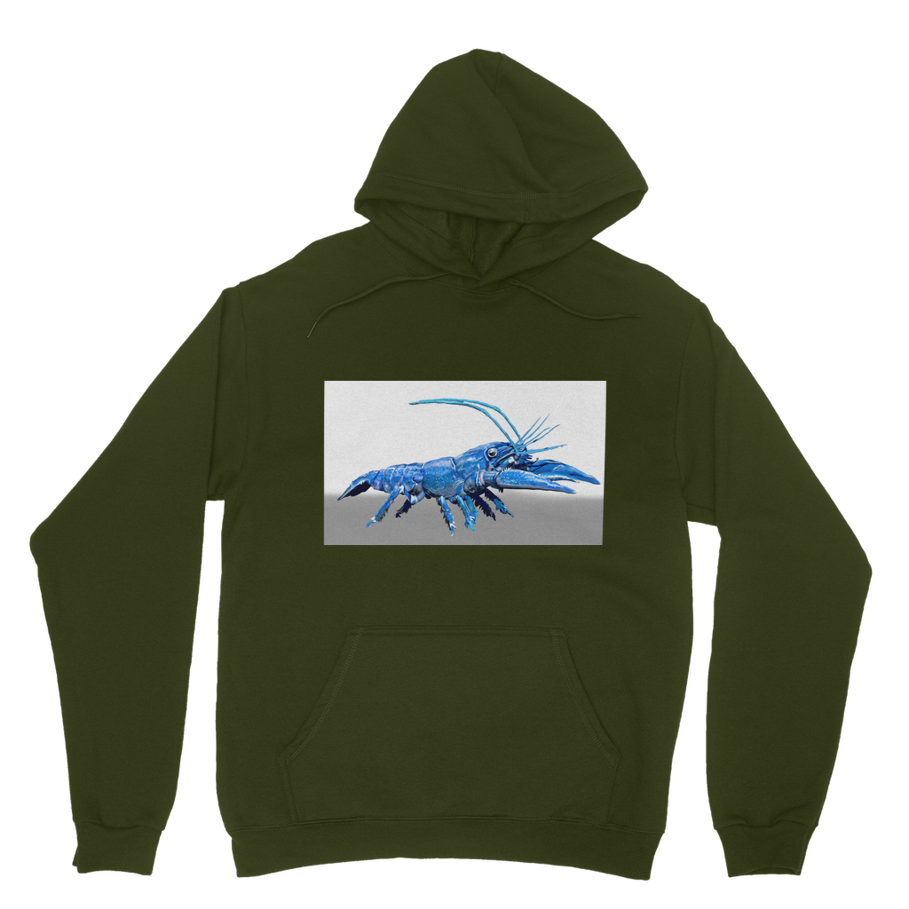 Blue Crawfish Classic Adult Hoodie featuring a double fabric hood, kangaroo pouch pocket, and ribbed cuffs, made from soft cotton faced fabric.