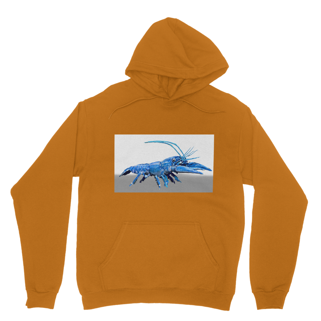 Blue Crawfish Classic Adult Hoodie featuring a double fabric hood, kangaroo pouch pocket, and ribbed cuffs, made from soft cotton faced fabric.
