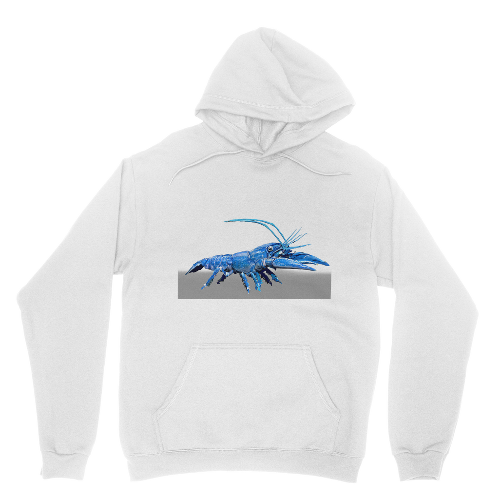 Blue Crawfish Classic Adult Hoodie featuring a double fabric hood, kangaroo pouch pocket, and ribbed cuffs, made from soft cotton faced fabric.