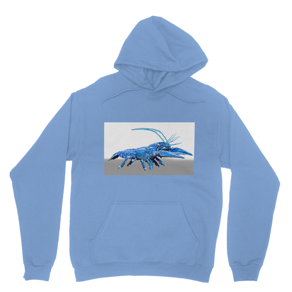 Blue Crawfish Classic Adult Hoodie featuring a double fabric hood, kangaroo pouch pocket, and ribbed cuffs, made from soft cotton faced fabric.