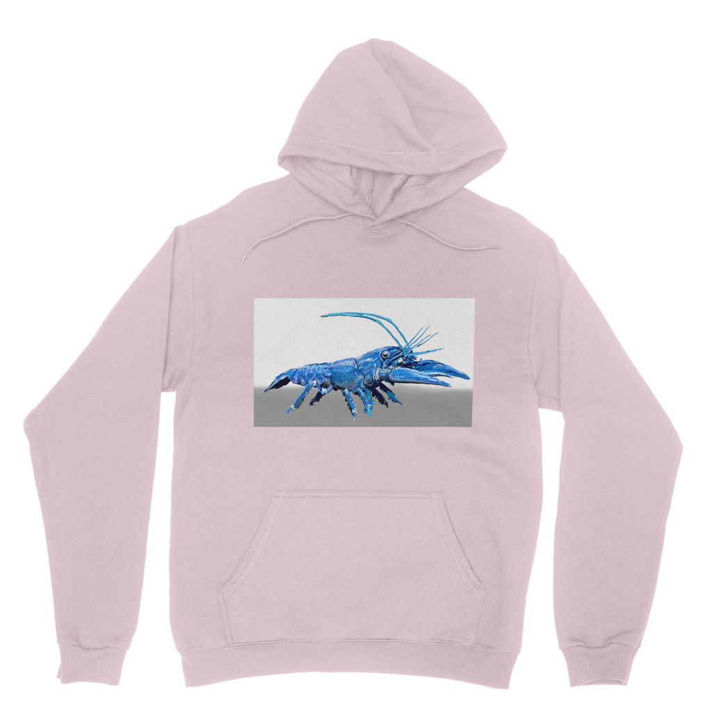 Blue Crawfish Classic Adult Hoodie featuring a double fabric hood, kangaroo pouch pocket, and ribbed cuffs, made from soft cotton faced fabric.