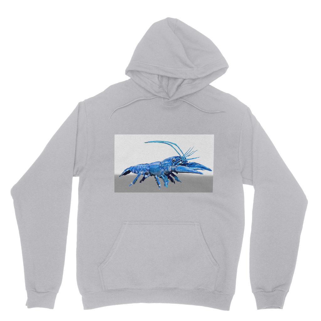 Blue Crawfish Classic Adult Hoodie featuring a double fabric hood, kangaroo pouch pocket, and ribbed cuffs, made from soft cotton faced fabric.