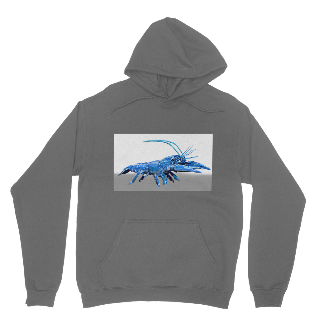 Blue Crawfish Classic Adult Hoodie featuring a double fabric hood, kangaroo pouch pocket, and ribbed cuffs, made from soft cotton faced fabric.