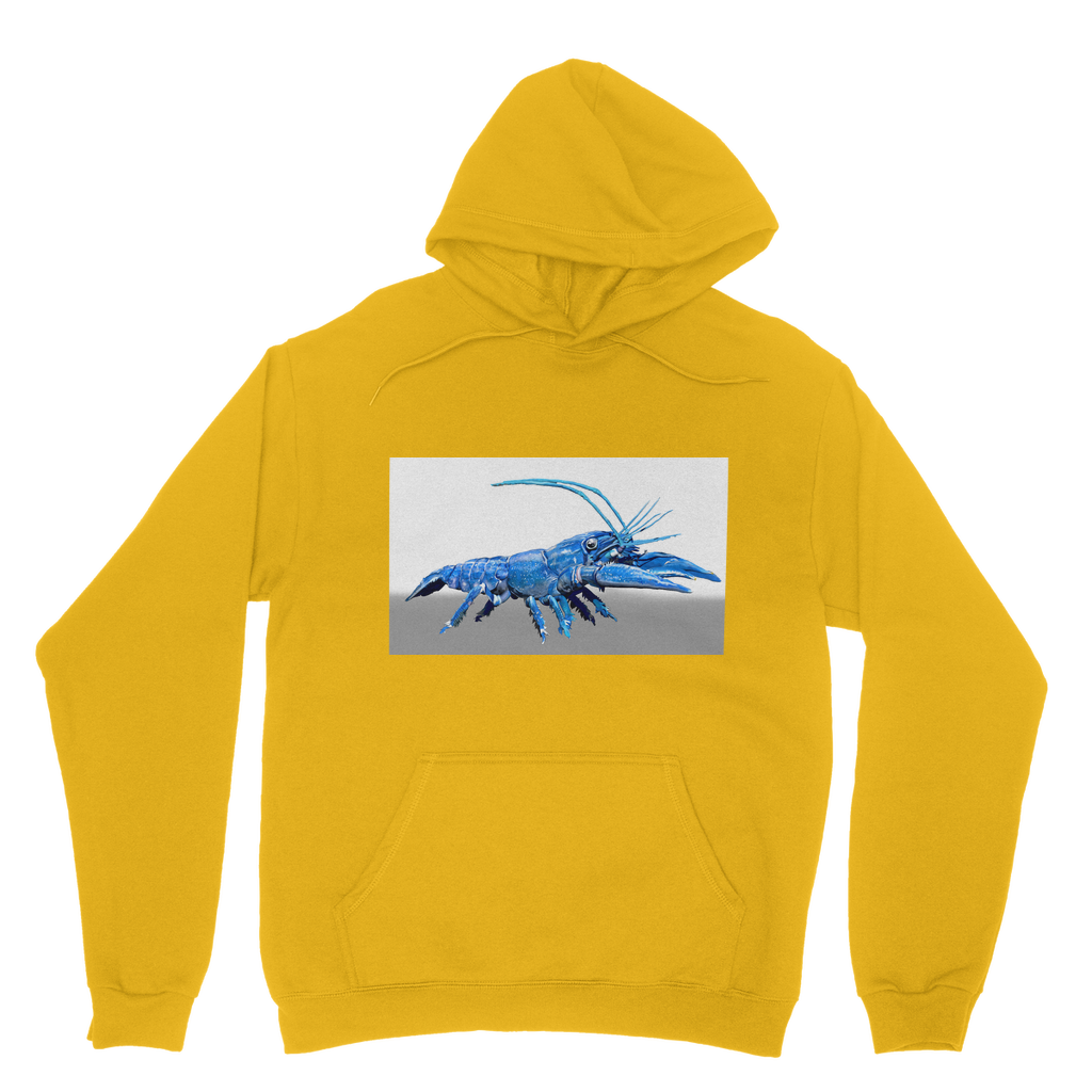 Blue Crawfish Classic Adult Hoodie featuring a double fabric hood, kangaroo pouch pocket, and ribbed cuffs, made from soft cotton faced fabric.