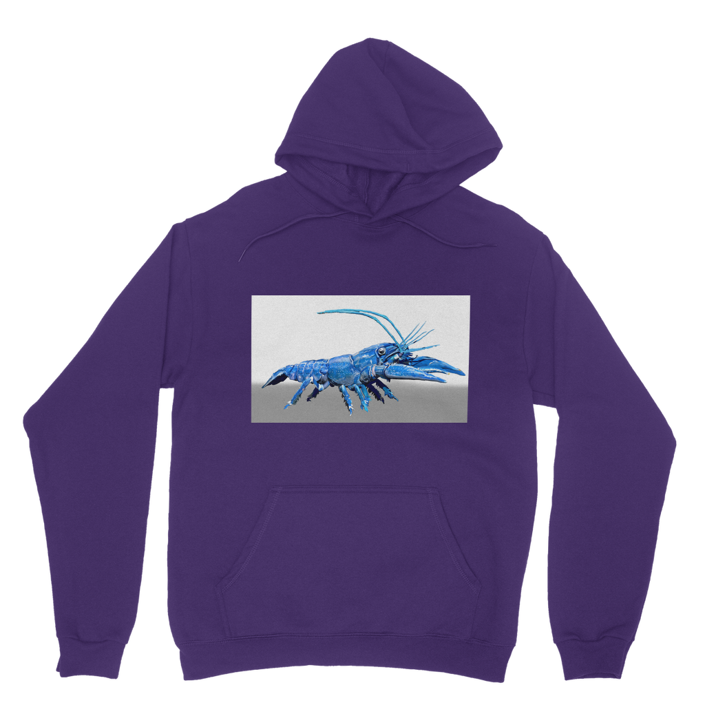 Blue Crawfish Classic Adult Hoodie featuring a double fabric hood, kangaroo pouch pocket, and ribbed cuffs, made from soft cotton faced fabric.