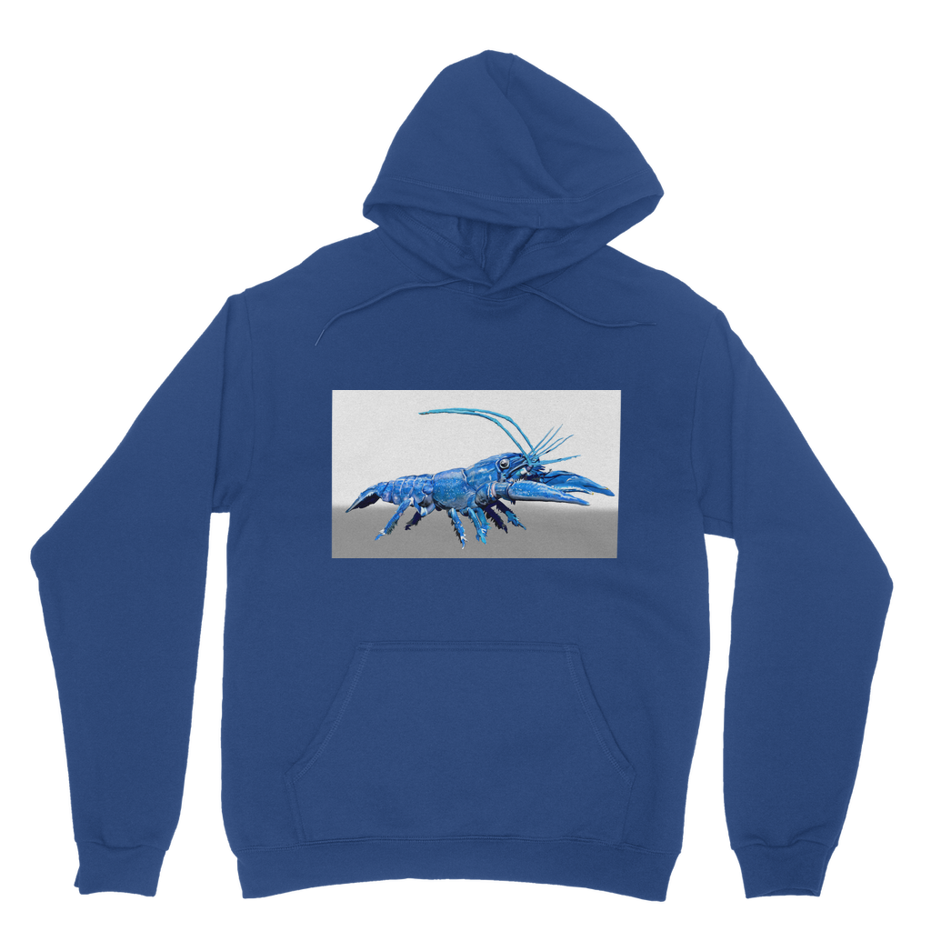 Blue Crawfish Classic Adult Hoodie featuring a double fabric hood, kangaroo pouch pocket, and ribbed cuffs, made from soft cotton faced fabric.