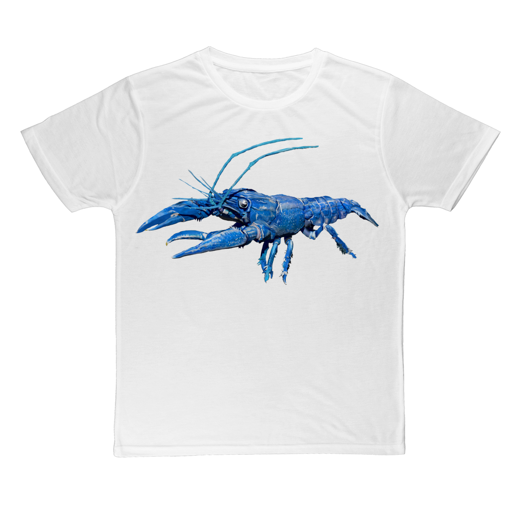 Blue Crawfish Classic Sublimation Adult T-Shirt featuring vibrant colors and soft polyester fabric, ideal for sublimation printing.