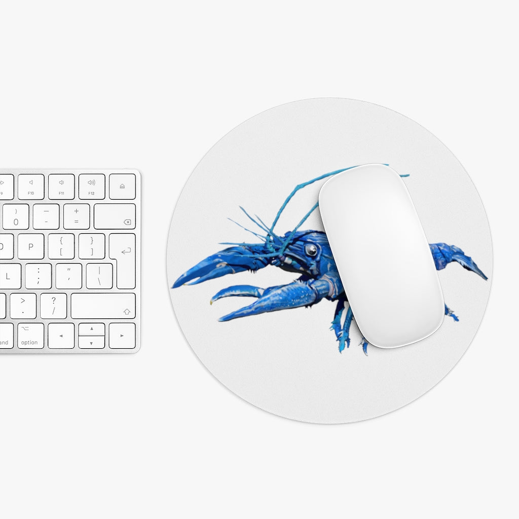 Blue Crawfish Mouse Pad featuring vibrant crawfish design on a neoprene surface with a non-slip rubber bottom.