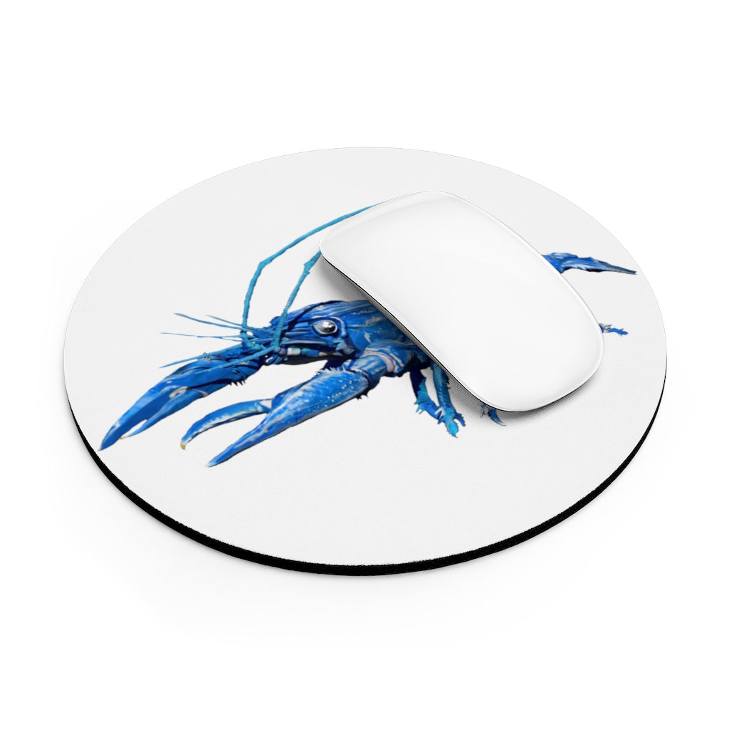 Blue Crawfish Mouse Pad featuring vibrant crawfish design on a neoprene surface with a non-slip rubber bottom.