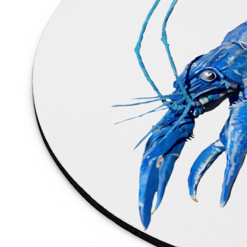 Blue Crawfish Mouse Pad featuring vibrant crawfish design on a neoprene surface with a non-slip rubber bottom.