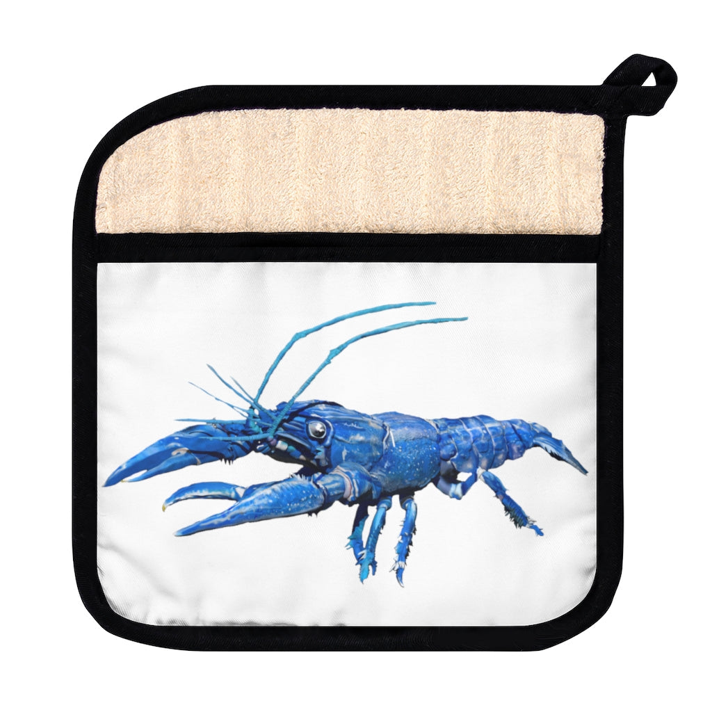 Blue crawfish pot holder with pocket, featuring a stylish design and black cotton hanging loop for easy storage.