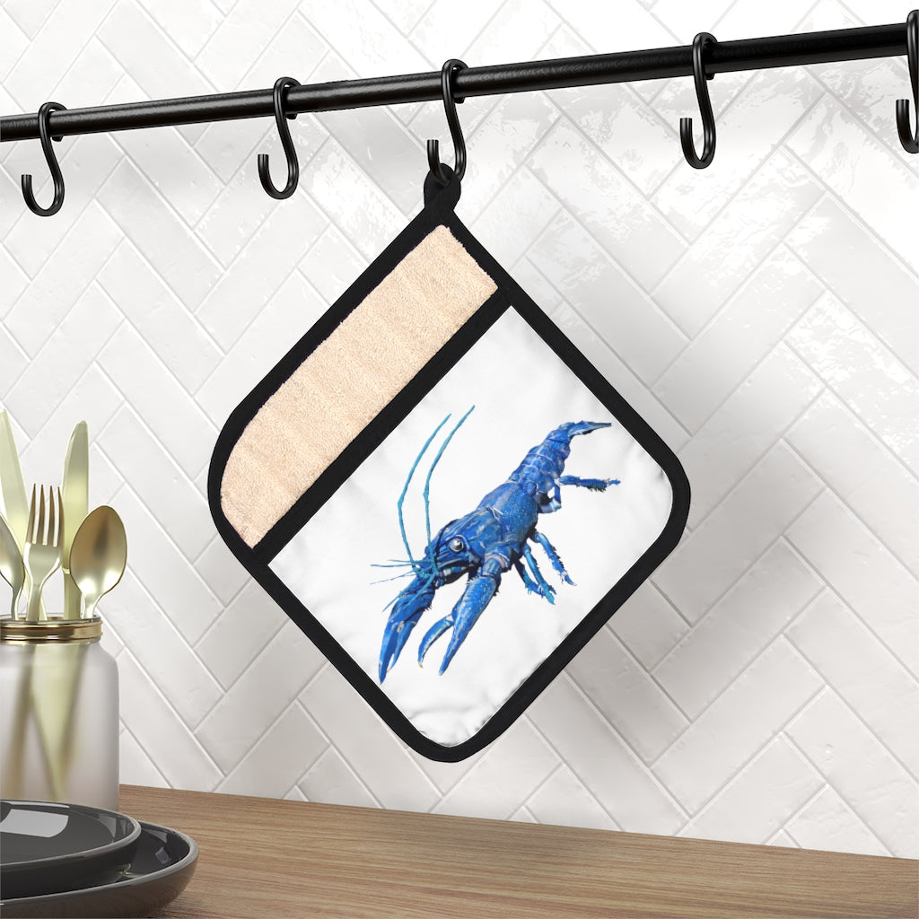 Blue crawfish pot holder with pocket, featuring a stylish design and black cotton hanging loop for easy storage.