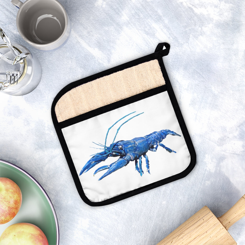 Blue crawfish pot holder with pocket, featuring a stylish design and black cotton hanging loop for easy storage.