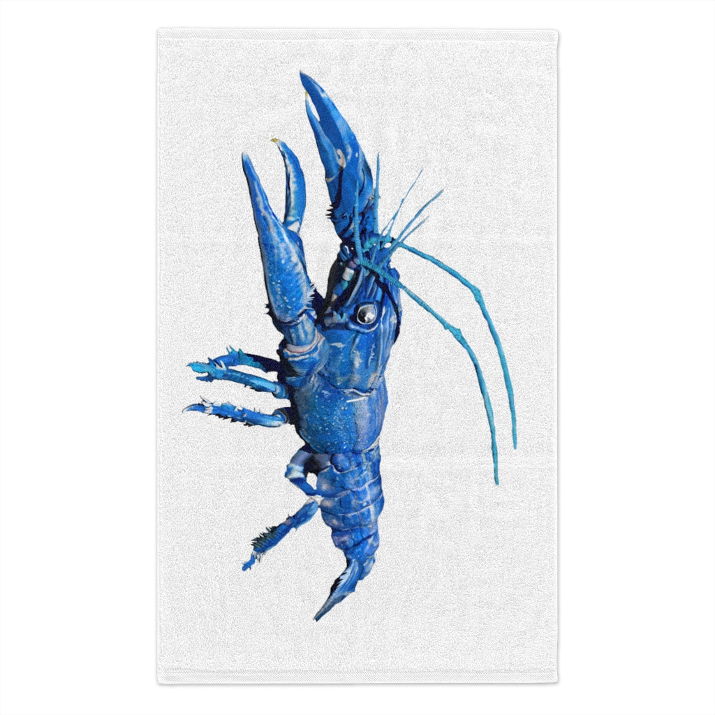 Blue Crawfish Rally Towel featuring a vibrant design on soft mink polyester and absorbent cotton backing, measuring 11x18 inches.
