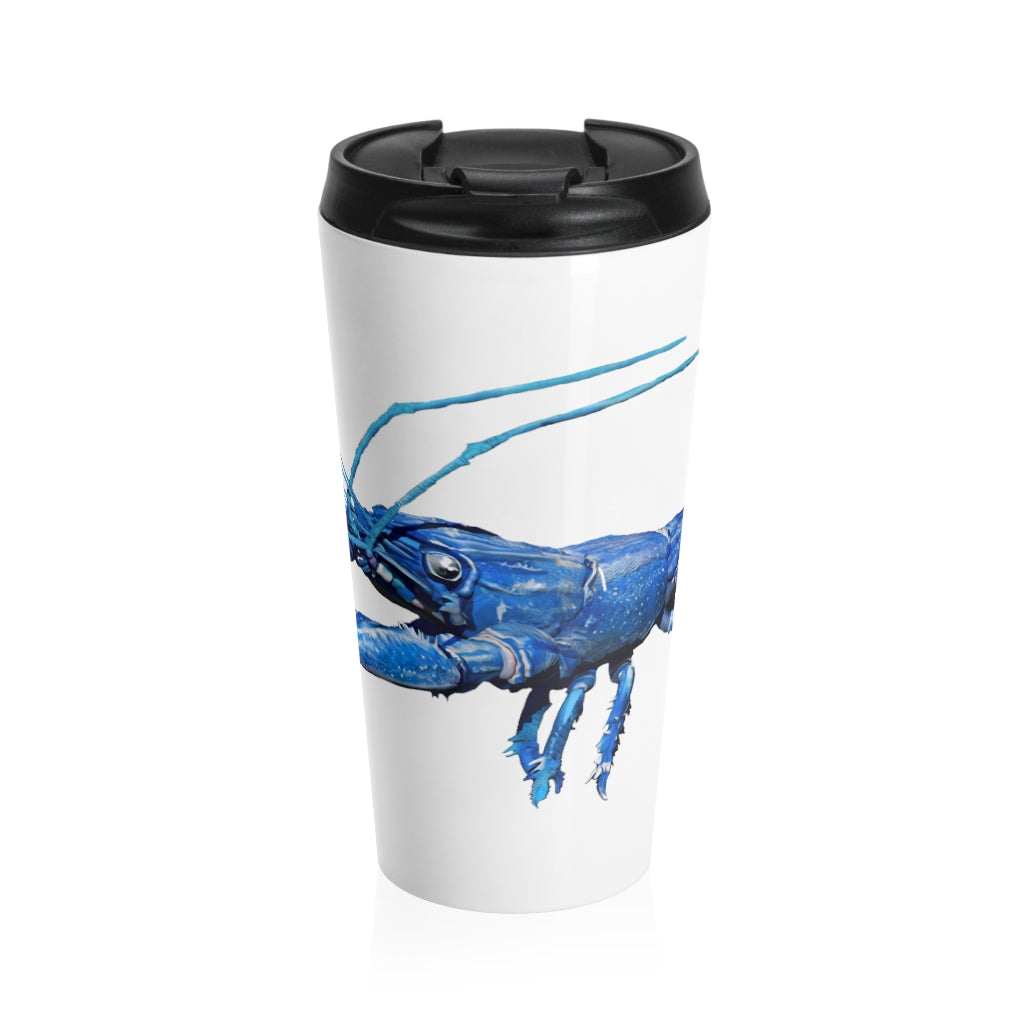 Blue Crawfish Stainless Steel Travel Mug with black lid, featuring a vibrant crawfish design.