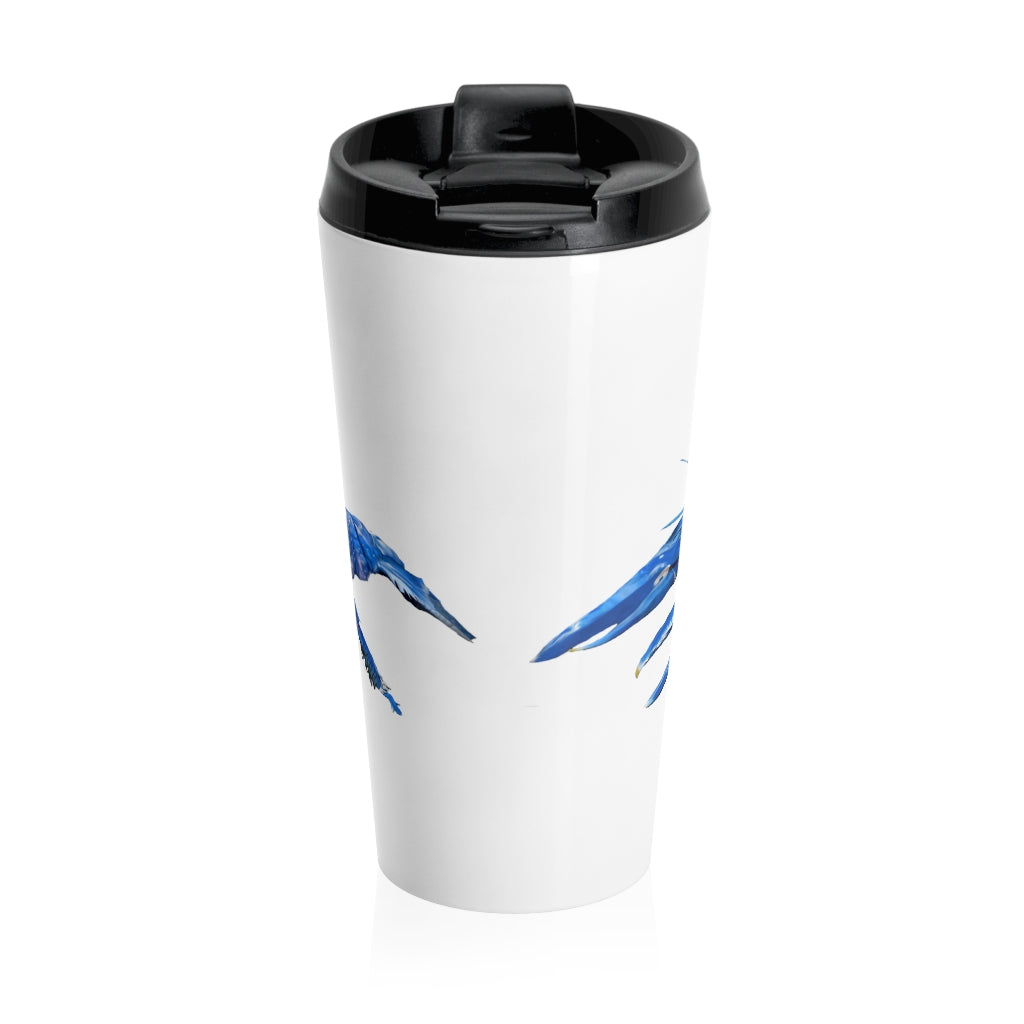 Blue Crawfish Stainless Steel Travel Mug with black lid, featuring a vibrant crawfish design.