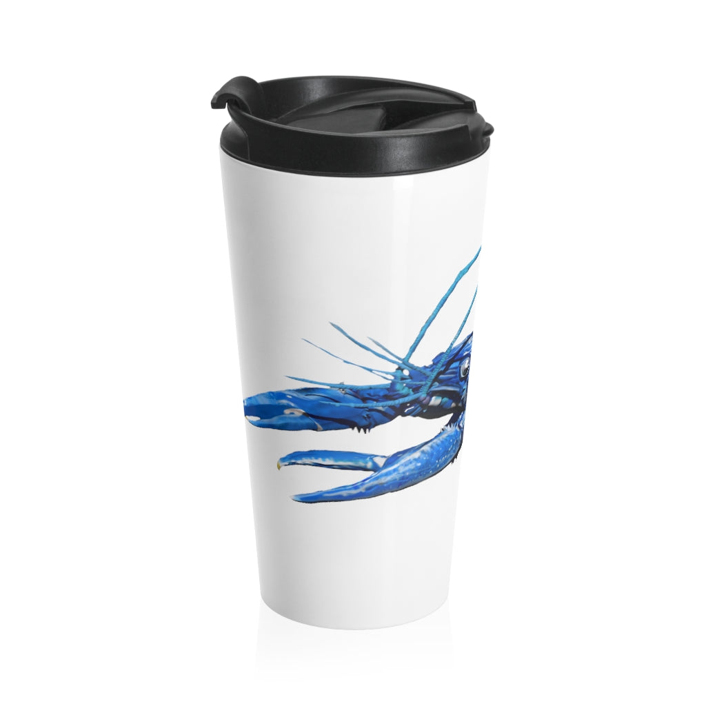 Blue Crawfish Stainless Steel Travel Mug with black lid, featuring a vibrant crawfish design.
