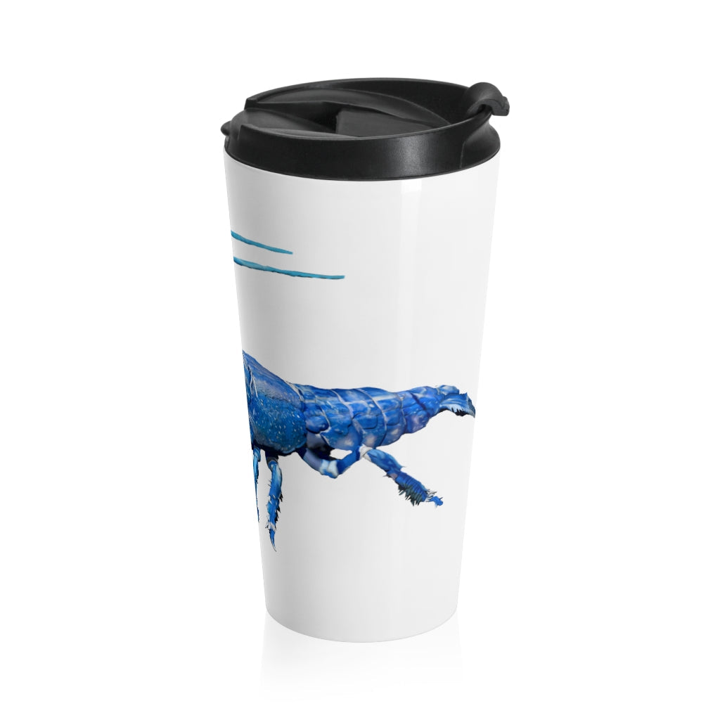 Blue Crawfish Stainless Steel Travel Mug with black lid, featuring a vibrant crawfish design.