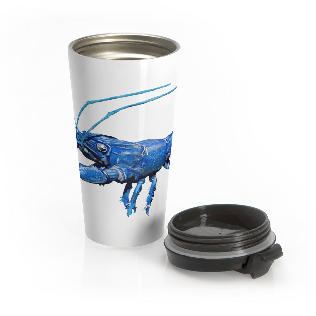 Blue Crawfish Stainless Steel Travel Mug with black lid, featuring a vibrant crawfish design.