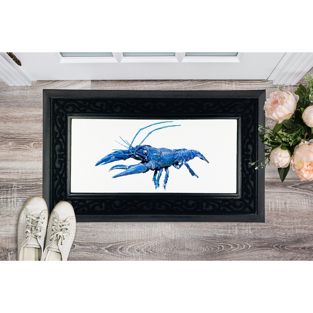 Blue Crawfish Sublimation Heavy Duty Door Mat with a non-slip rubber base and elegant fabric brush border, measuring 45cm x 75cm.