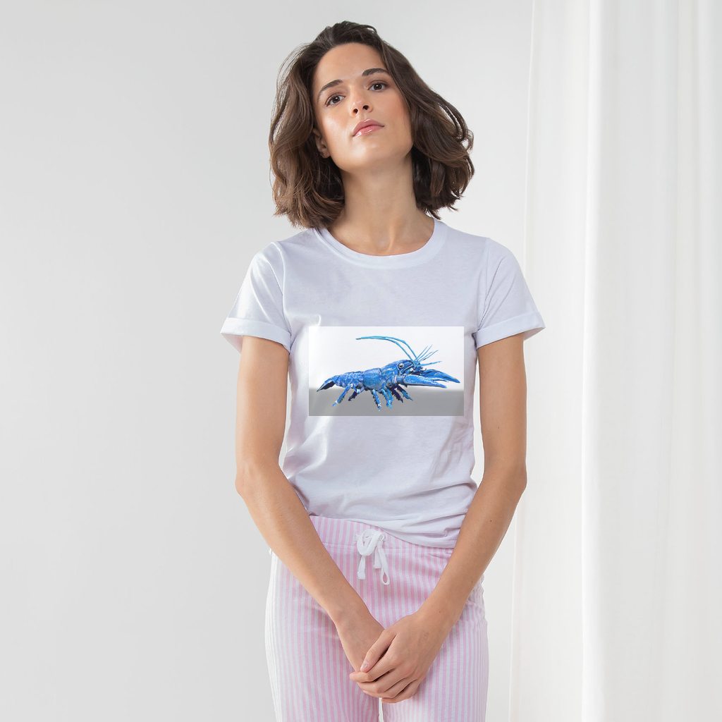 Blue Crawfish Women's Long Pant Pyjama Set featuring a white t-shirt, striped pants, and matching drawcord bag, perfect for stylish lounging.