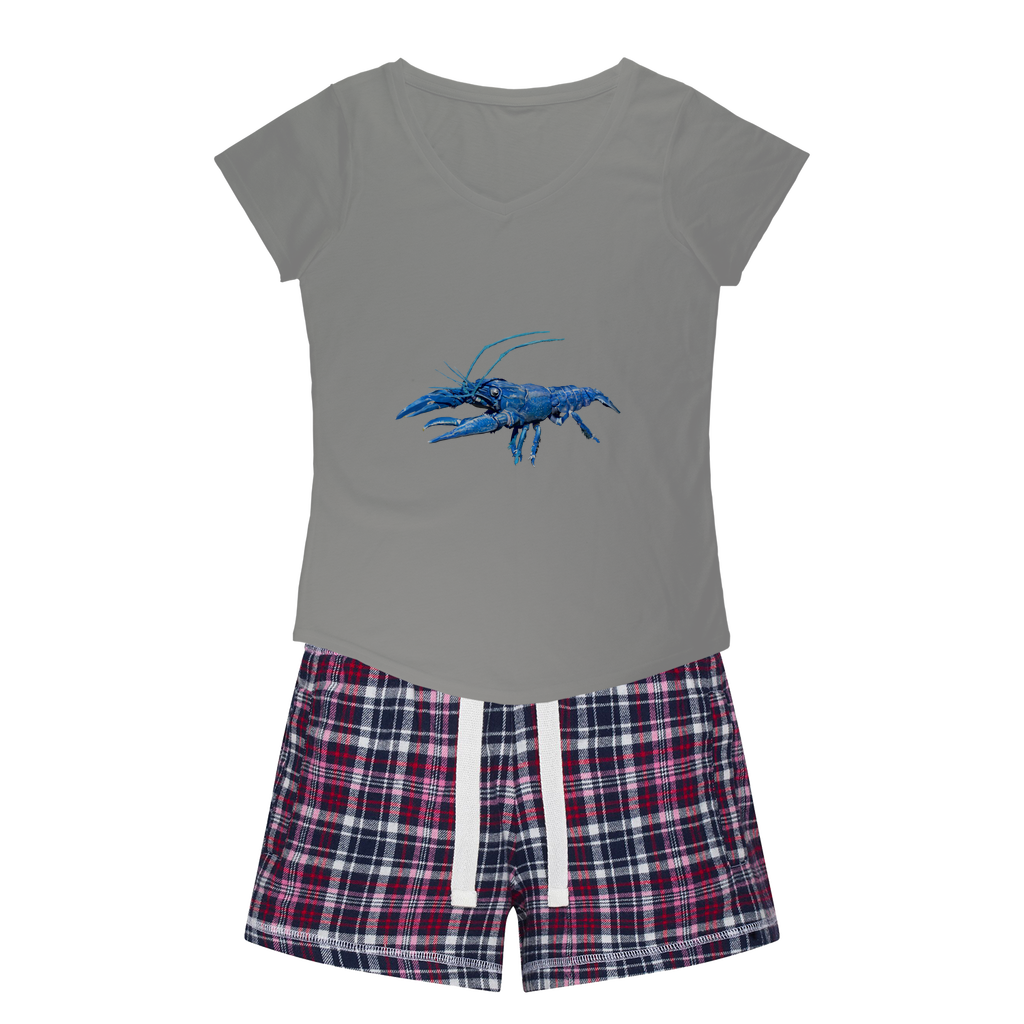 Blue Crawfish Women's Sleepy Tee and Flannel Short set featuring a relaxed fit T-shirt and vibrant flannel shorts, perfect for cozy nights.