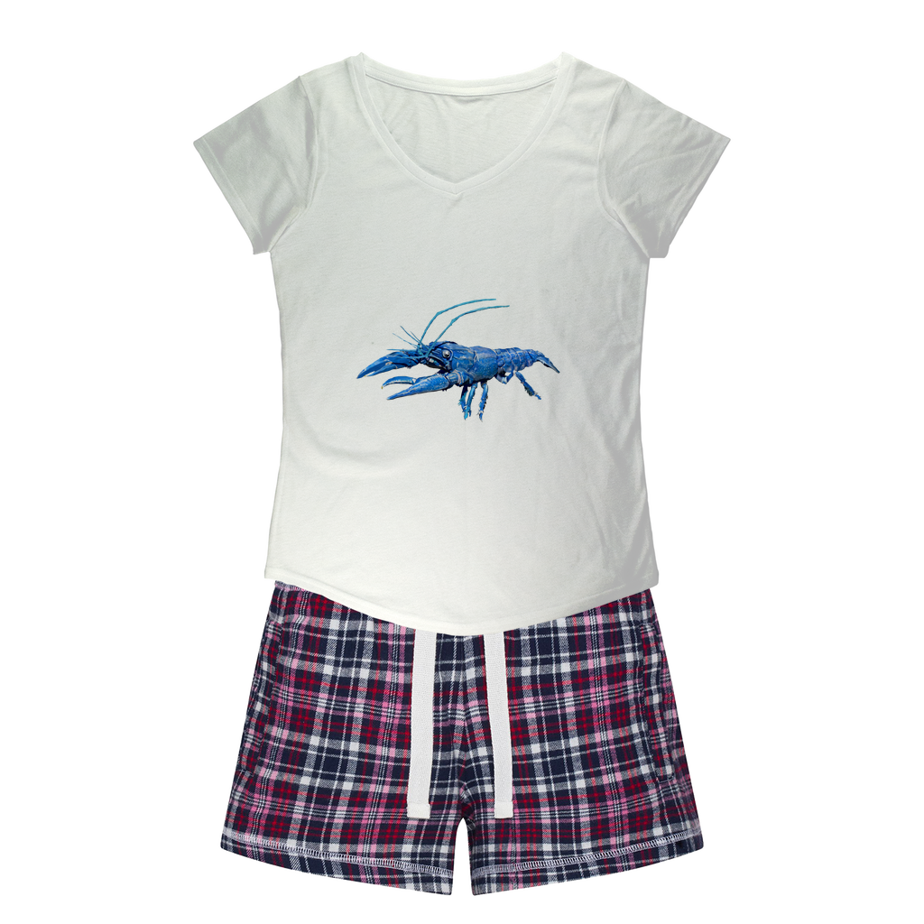 Blue Crawfish Women's Sleepy Tee and Flannel Short set featuring a relaxed fit T-shirt and vibrant flannel shorts, perfect for cozy nights.