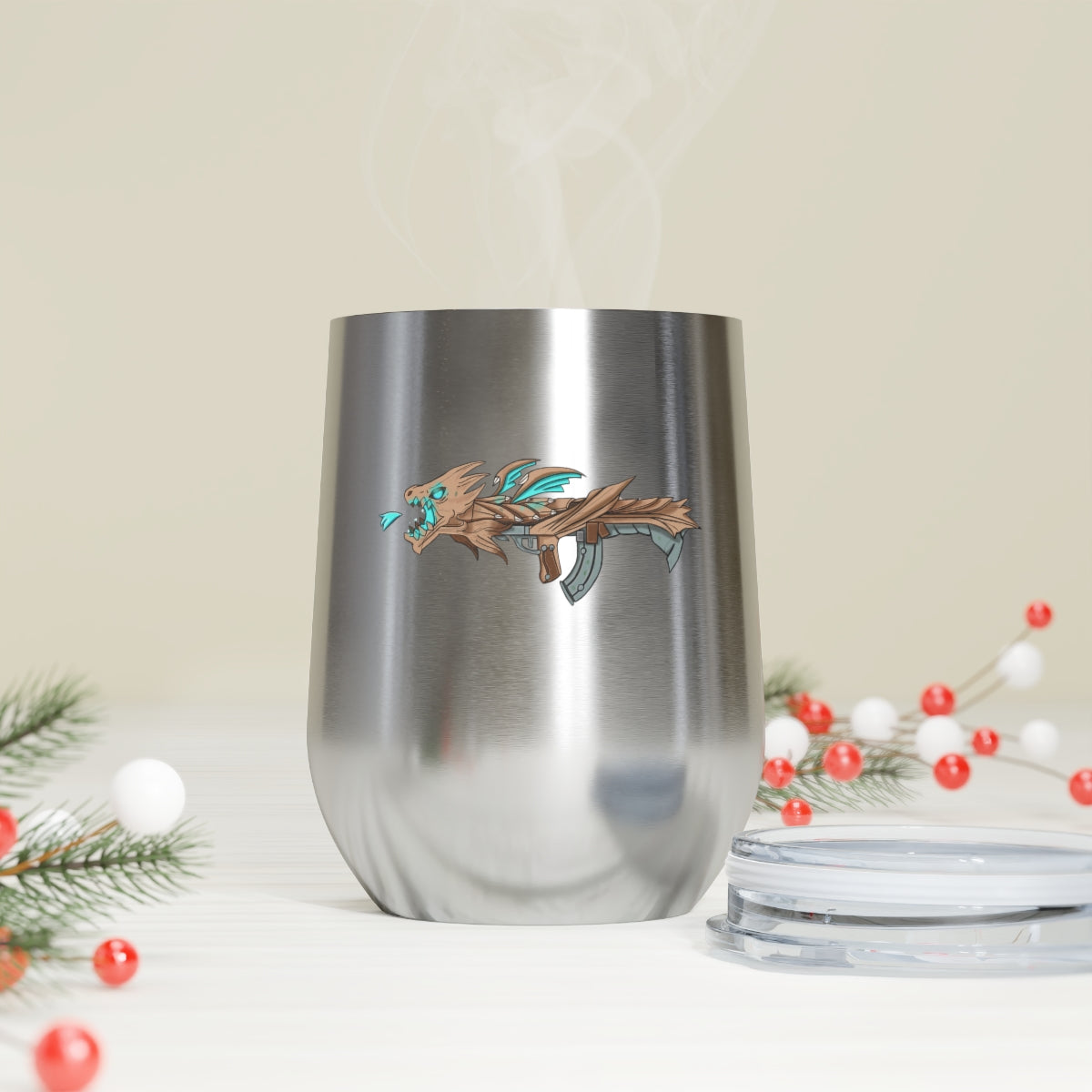 Blue Dragon Gun 12oz Insulated Wine Tumbler with clear lid, showcasing its sleek stainless steel design and vibrant artwork.