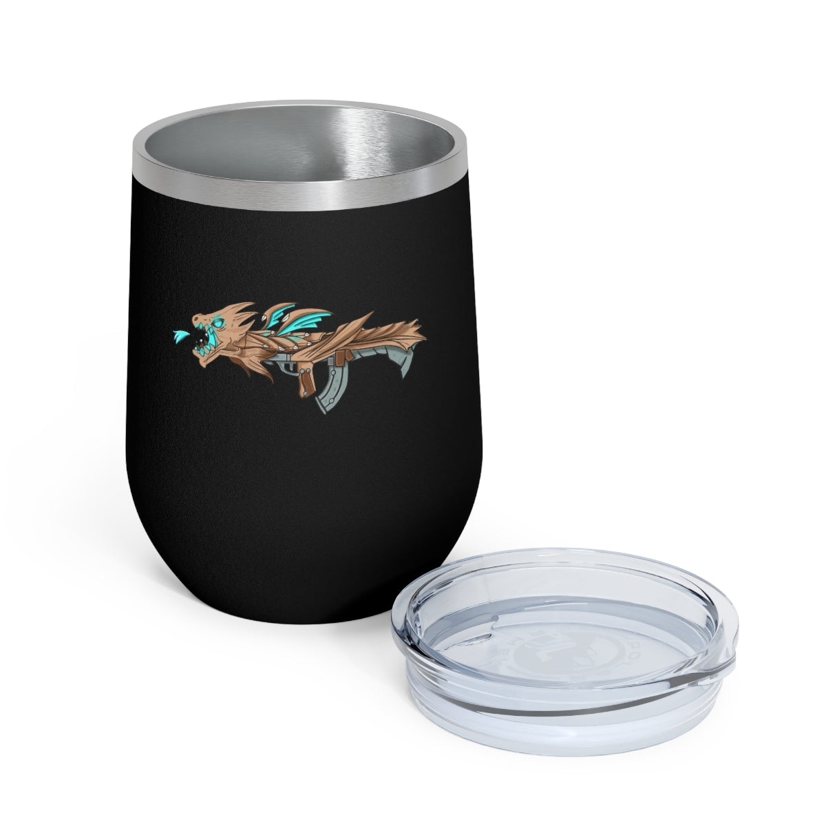 Blue Dragon Gun 12oz Insulated Wine Tumbler with clear lid, showcasing its sleek stainless steel design and vibrant artwork.