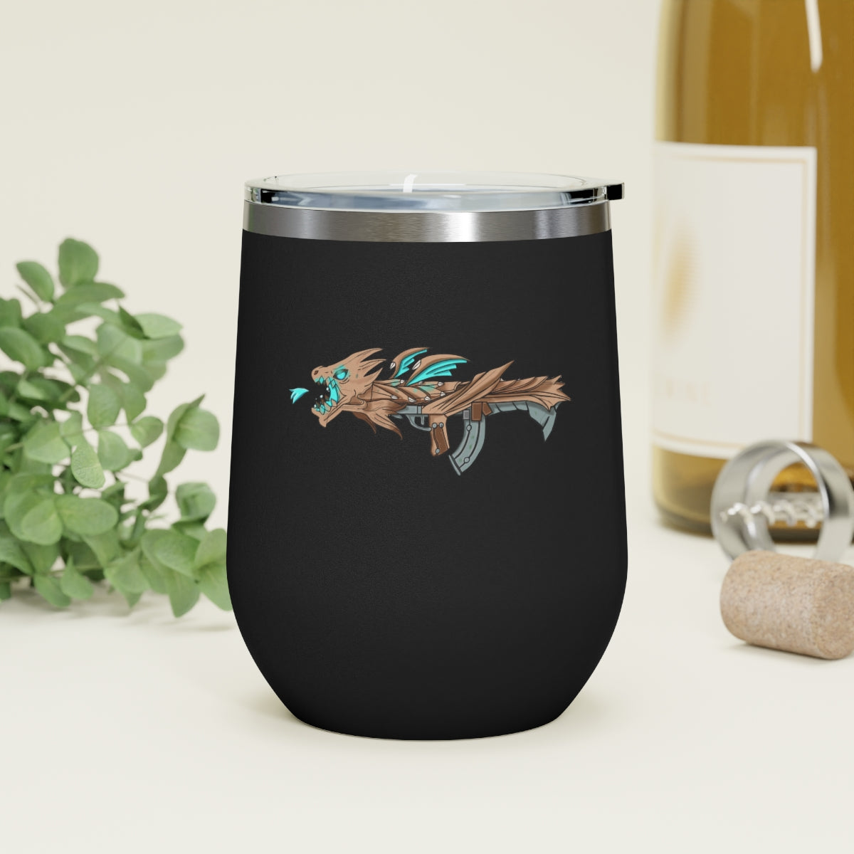 Blue Dragon Gun 12oz Insulated Wine Tumbler with clear lid, showcasing its sleek stainless steel design and vibrant artwork.