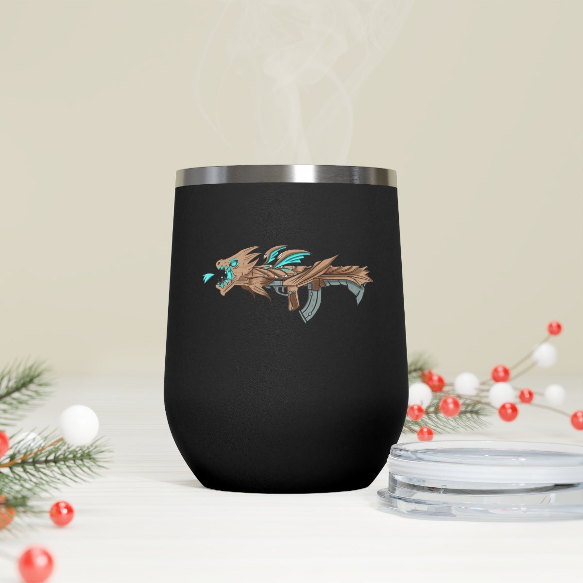 Blue Dragon Gun 12oz Insulated Wine Tumbler with clear lid, showcasing its sleek stainless steel design and vibrant artwork.