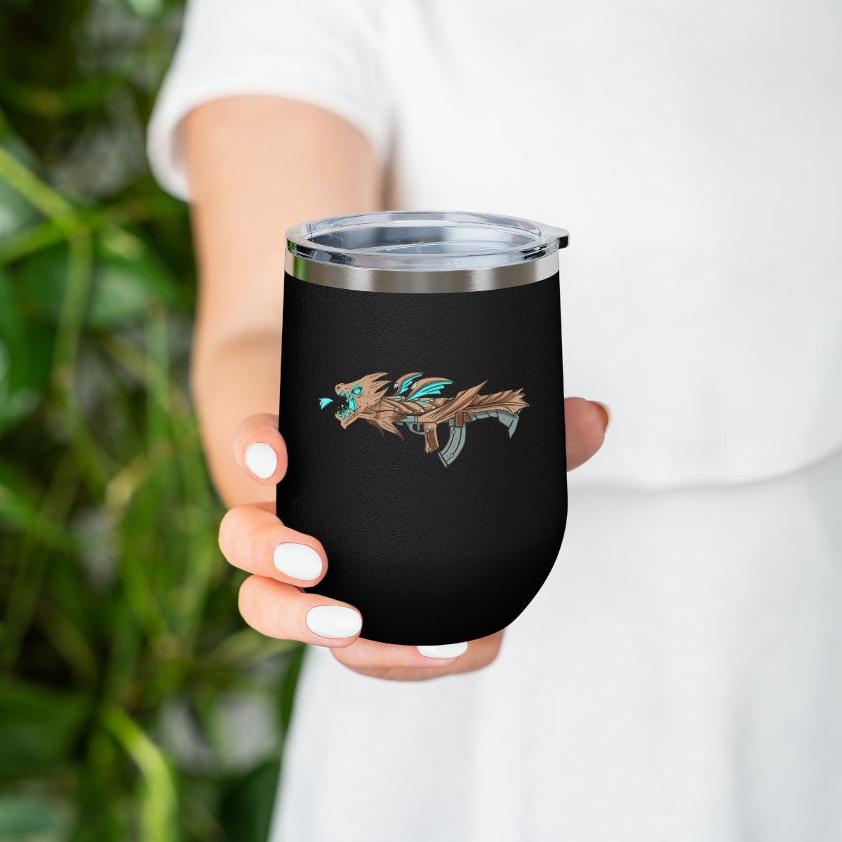 Blue Dragon Gun 12oz Insulated Wine Tumbler with clear lid, showcasing its sleek stainless steel design and vibrant artwork.