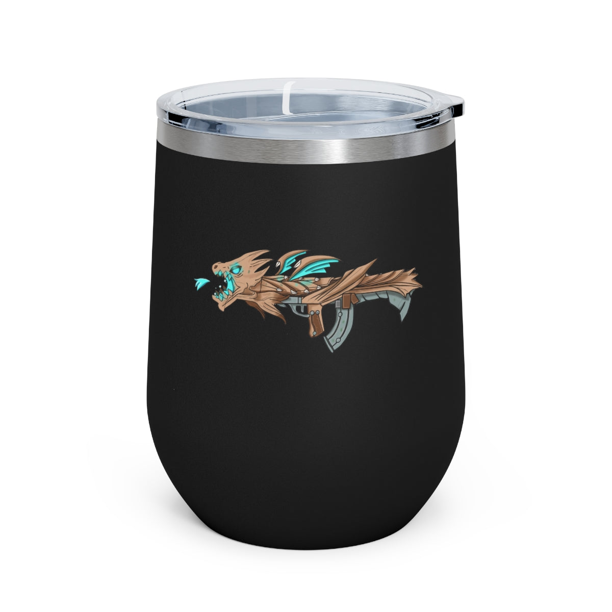 Blue Dragon Gun 12oz Insulated Wine Tumbler with clear lid, showcasing its sleek stainless steel design and vibrant artwork.