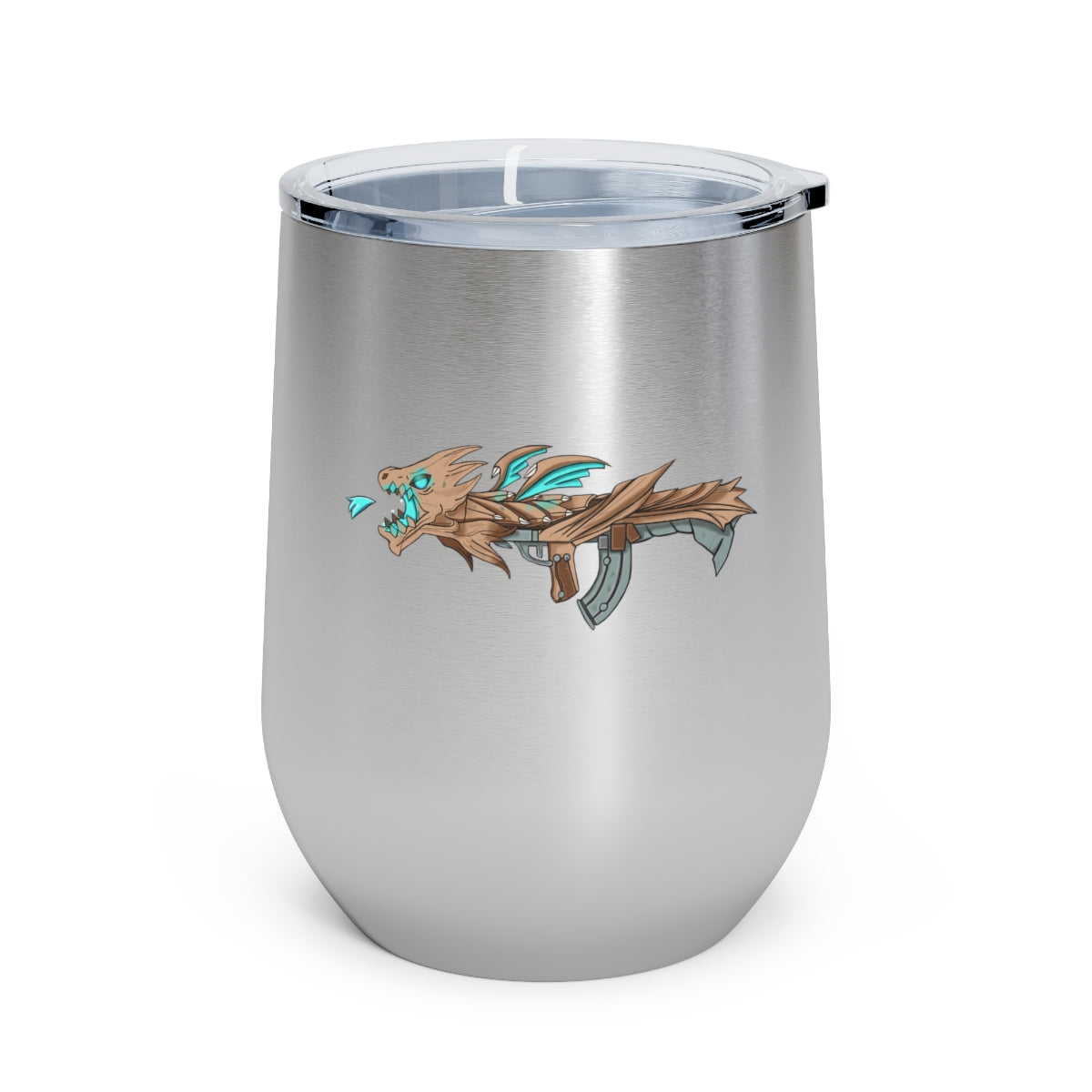 Blue Dragon Gun 12oz Insulated Wine Tumbler with clear lid, showcasing its sleek stainless steel design and vibrant artwork.