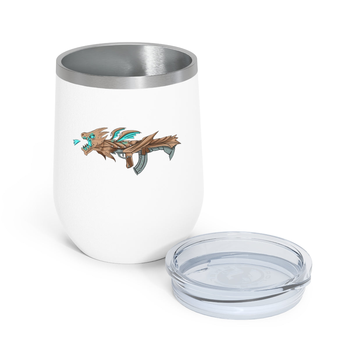 Blue Dragon Gun 12oz Insulated Wine Tumbler with clear lid, showcasing its sleek stainless steel design and vibrant artwork.