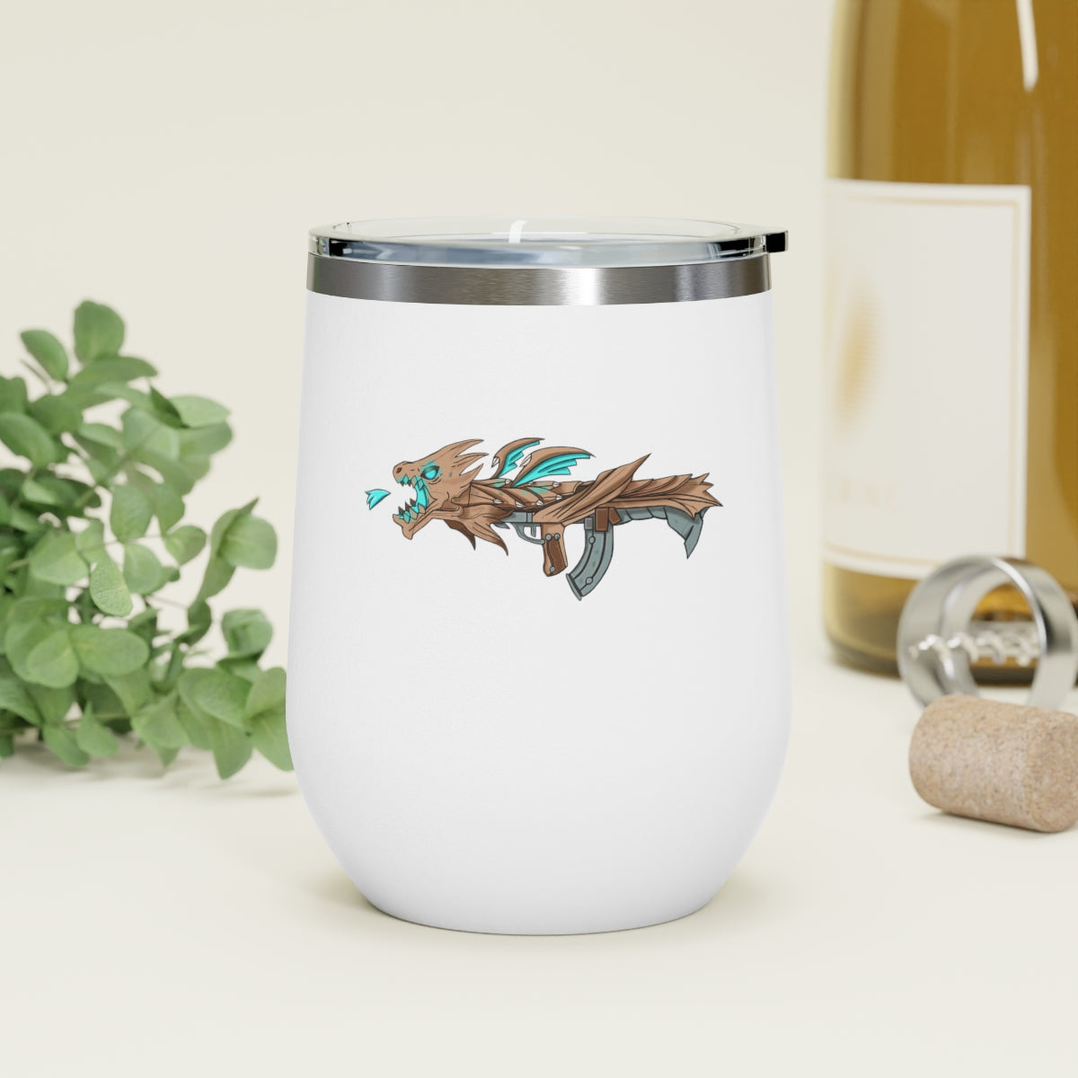 Blue Dragon Gun 12oz Insulated Wine Tumbler with clear lid, showcasing its sleek stainless steel design and vibrant artwork.