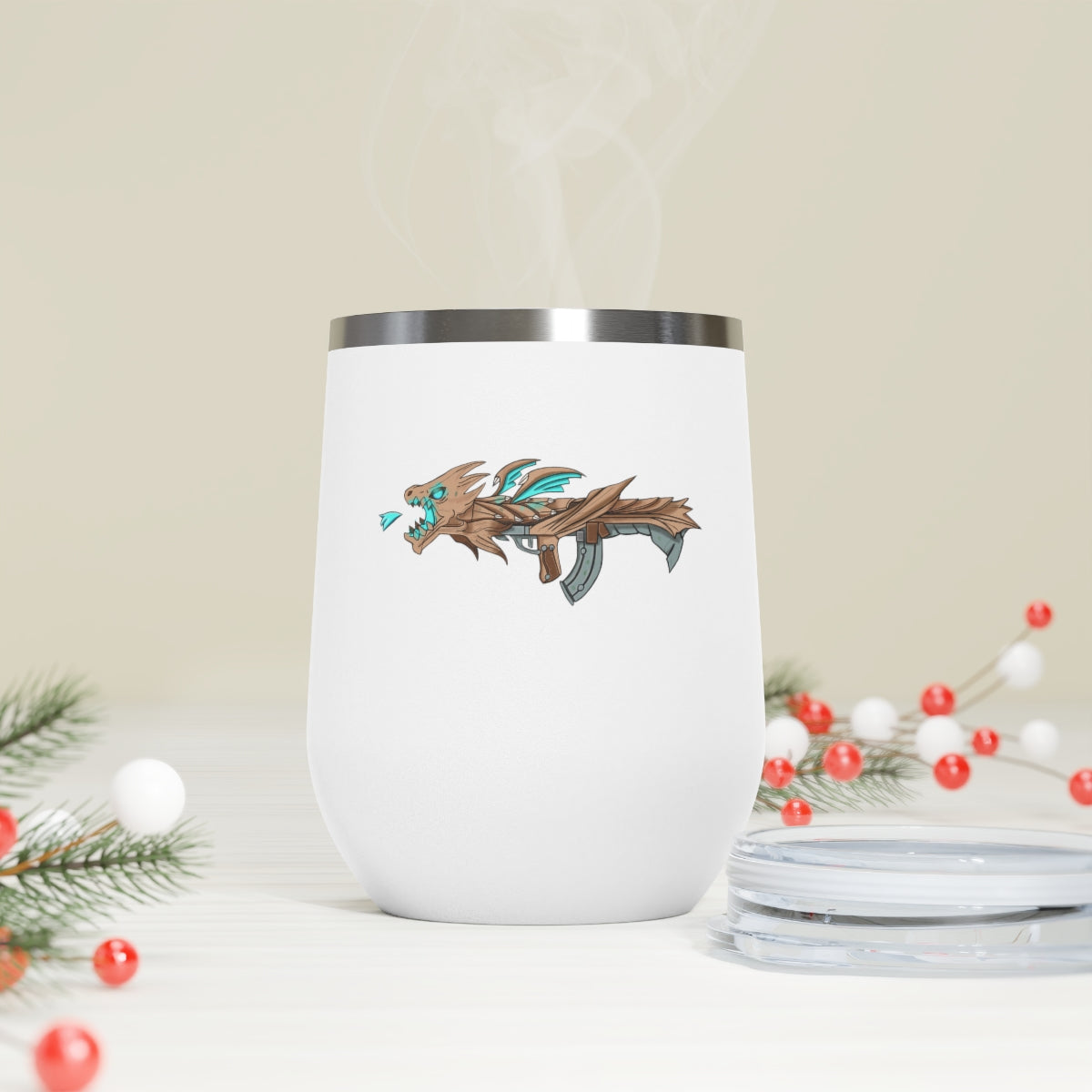 Blue Dragon Gun 12oz Insulated Wine Tumbler with clear lid, showcasing its sleek stainless steel design and vibrant artwork.