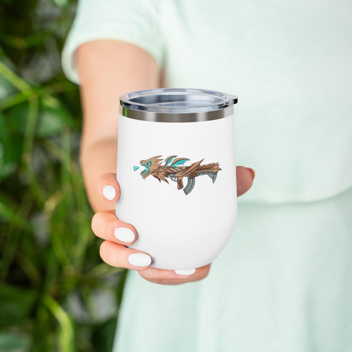 Blue Dragon Gun 12oz Insulated Wine Tumbler with clear lid, showcasing its sleek stainless steel design and vibrant artwork.
