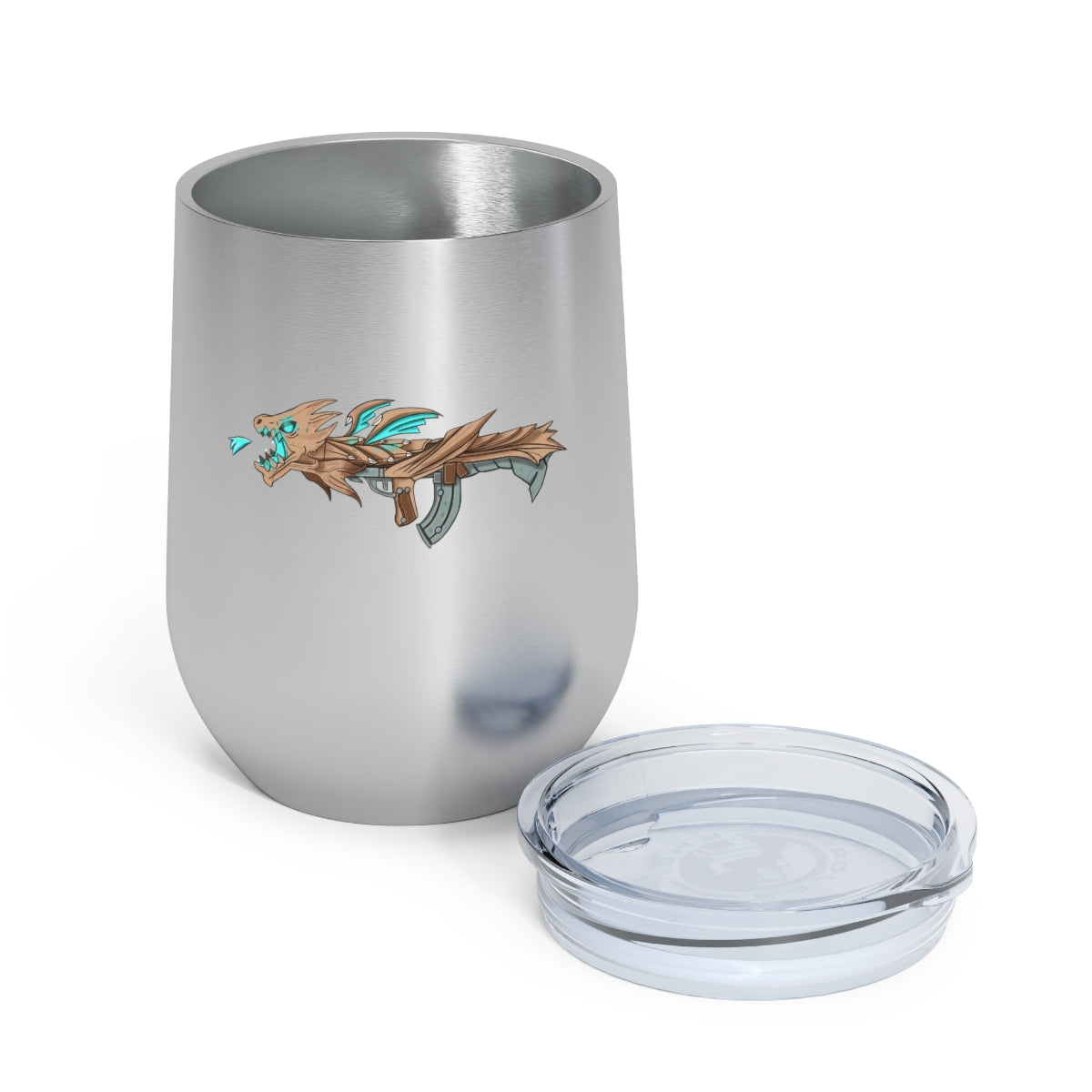 Blue Dragon Gun 12oz Insulated Wine Tumbler with clear lid, showcasing its sleek stainless steel design and vibrant artwork.