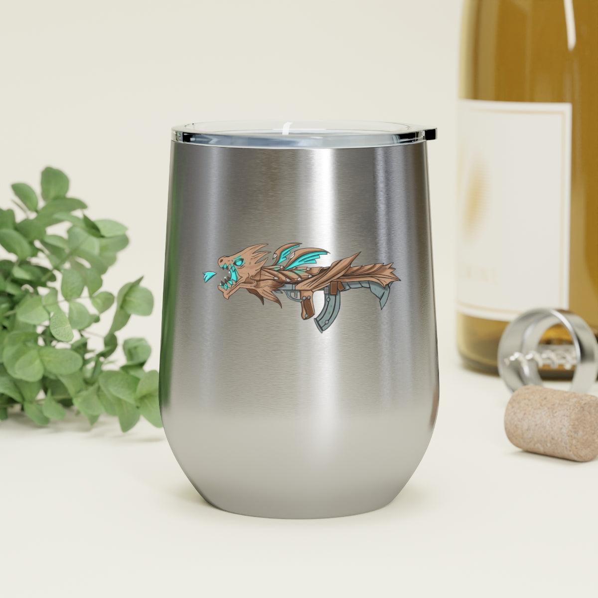Blue Dragon Gun 12oz Insulated Wine Tumbler with clear lid, showcasing its sleek stainless steel design and vibrant artwork.