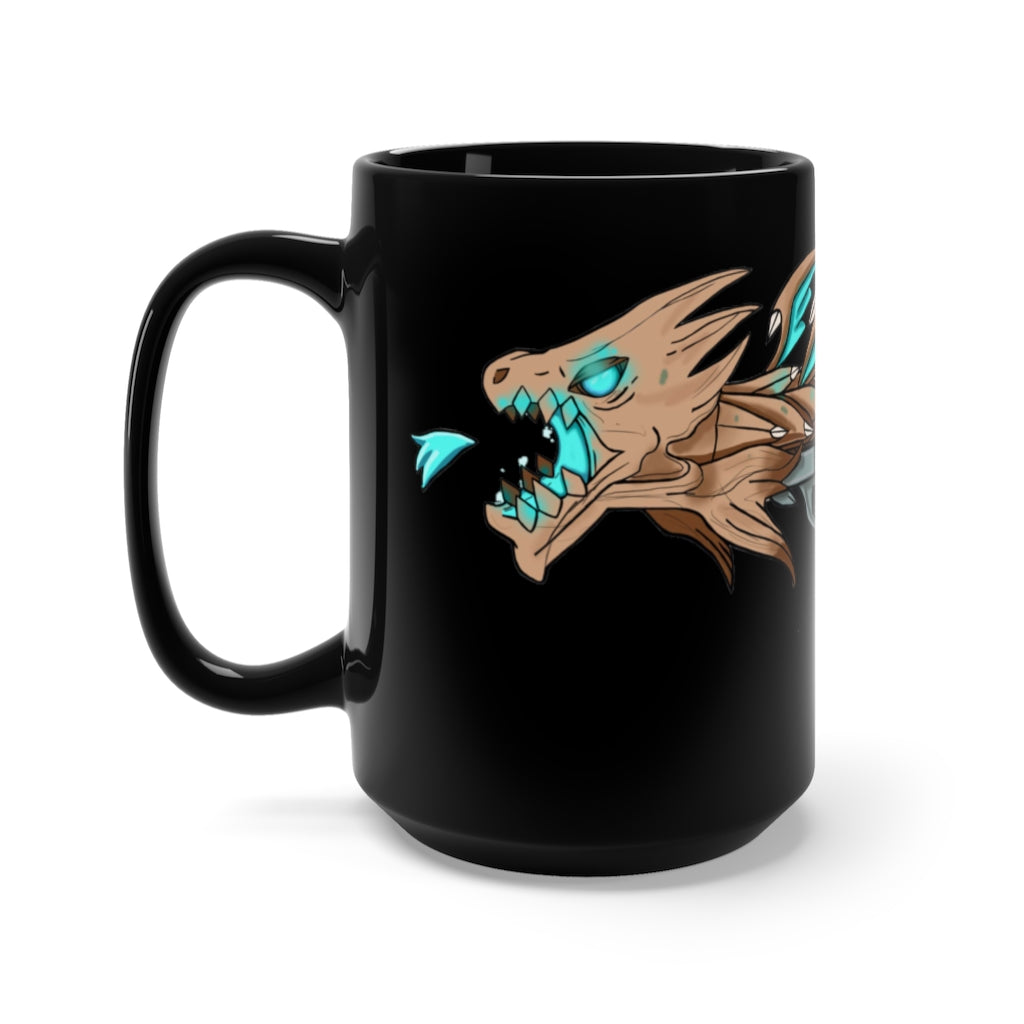 Blue Dragon Gun Black Mug, 15oz ceramic mug with a sleek black design and comfortable C-handle, perfect for coffee and tea lovers.