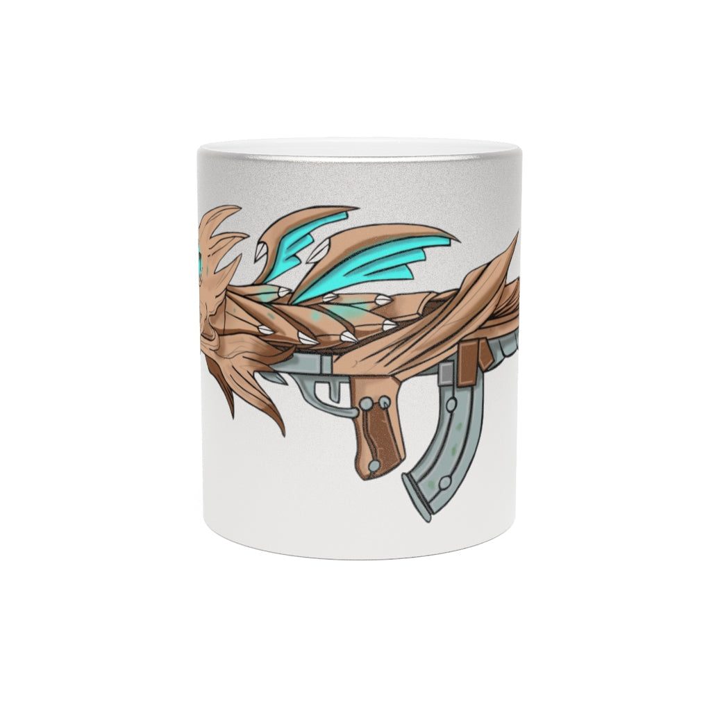 Blue Dragon Gun Metallic Mug in Silver and Gold finishes, showcasing a personalized design option on a ceramic material.