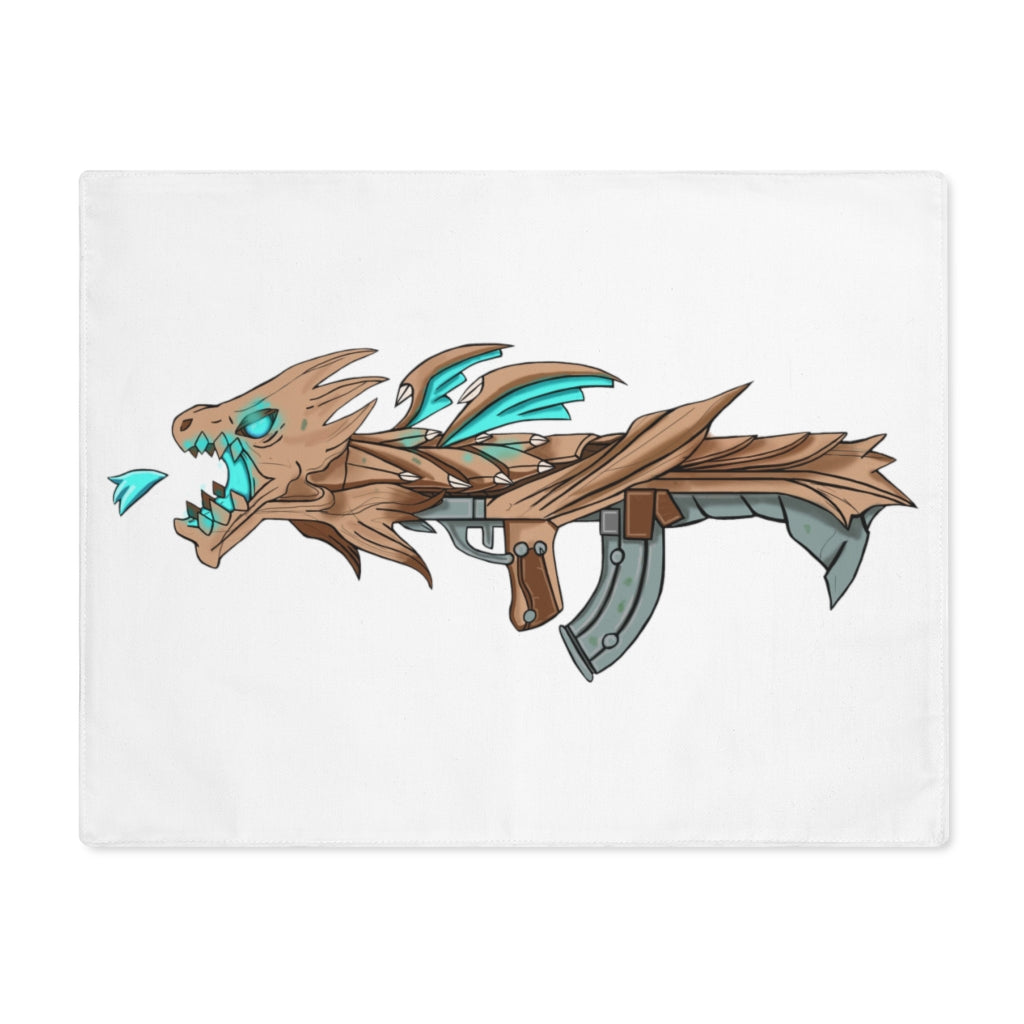 Blue Dragon Gun Placemat featuring a vibrant blue dragon design on one side and a natural back, made from durable cotton.