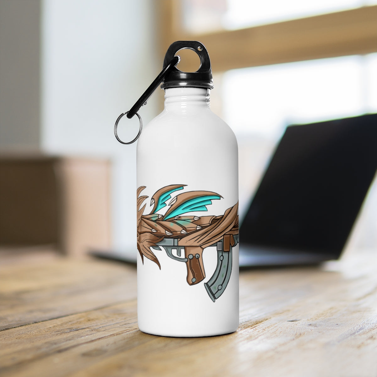 Blue Dragon Gun Stainless Steel Water Bottle with a vibrant design and plastic screw top, perfect for hydration on the go.