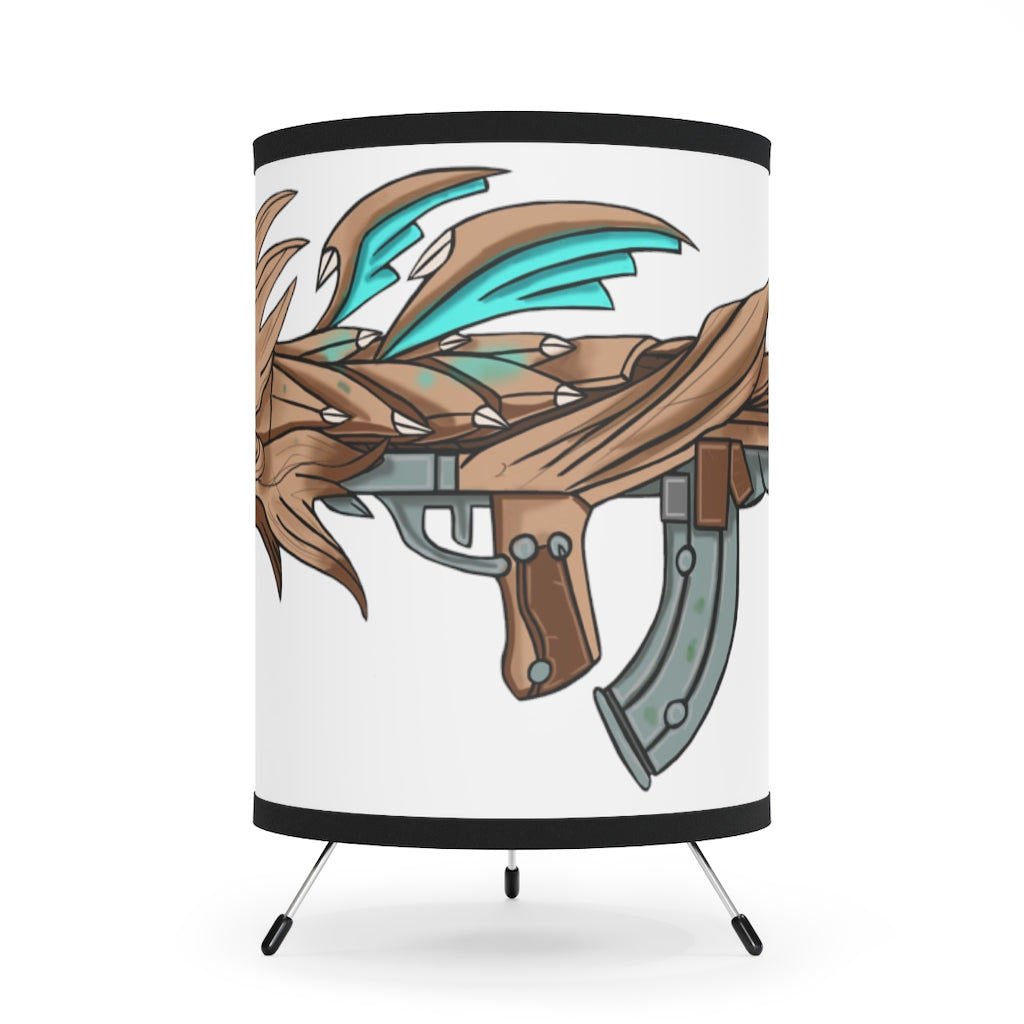 Blue Dragon Gun Tripod Lamp with a galvanized steel base and custom high-resolution printed shade, designed for US and CA electrical sockets.