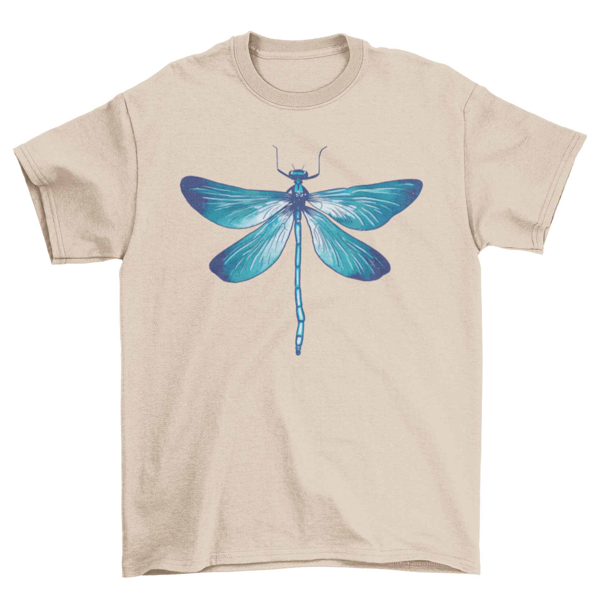 A realistic t-shirt design featuring a detailed blue dragonfly illustration, showcasing its vibrant colors and intricate wings.