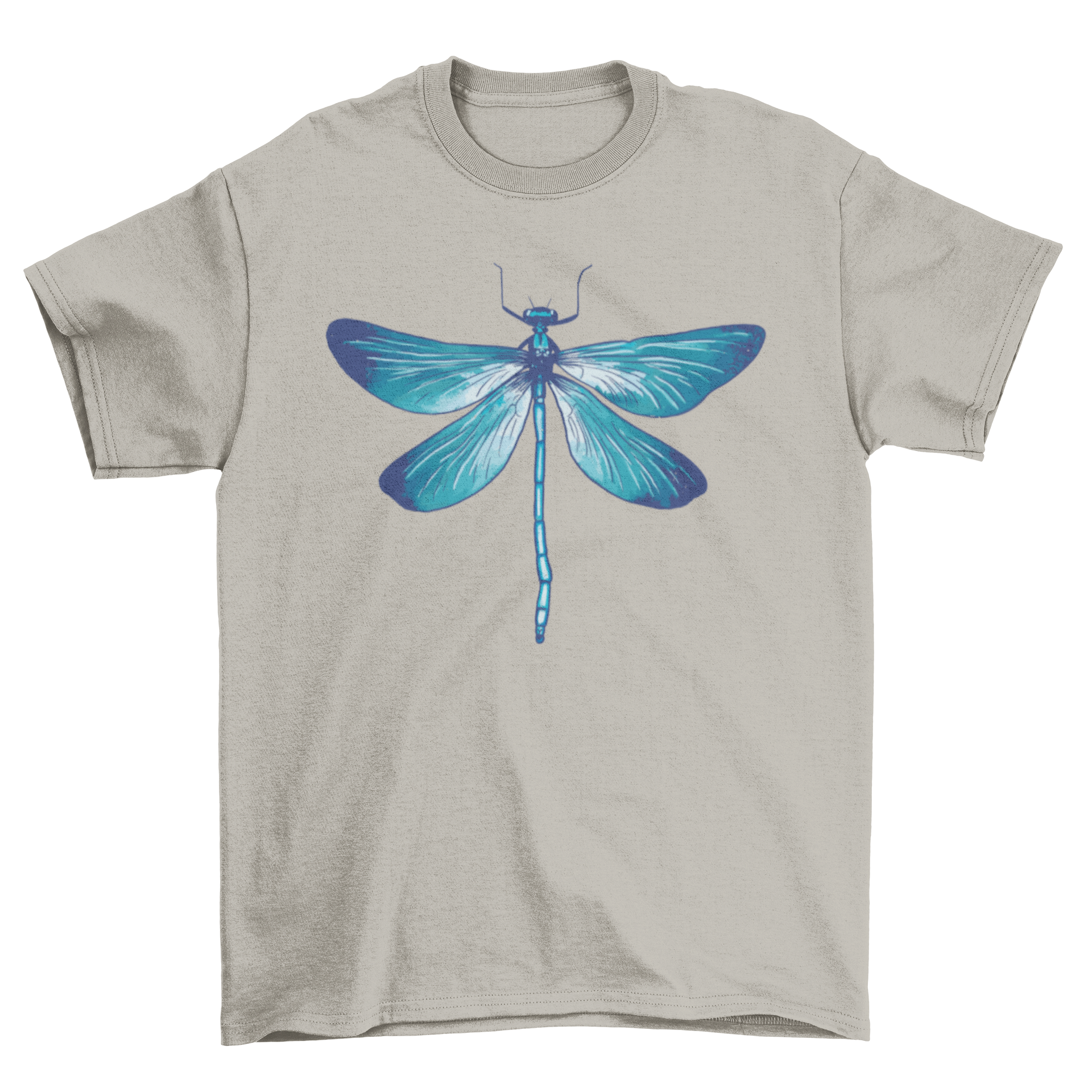 A realistic t-shirt design featuring a detailed blue dragonfly illustration, showcasing its vibrant colors and intricate wings.