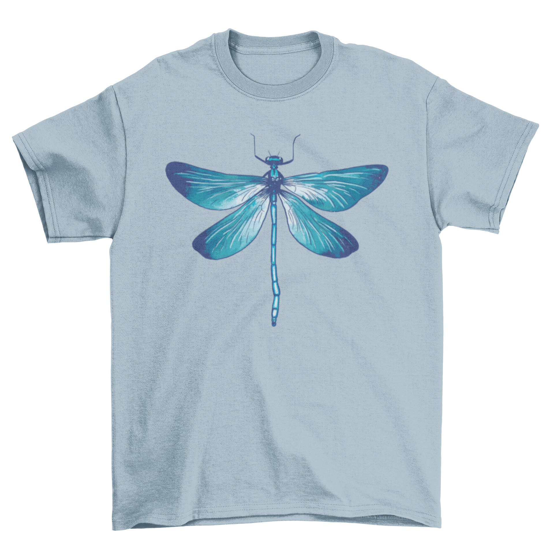 A realistic t-shirt design featuring a detailed blue dragonfly illustration, showcasing its vibrant colors and intricate wings.