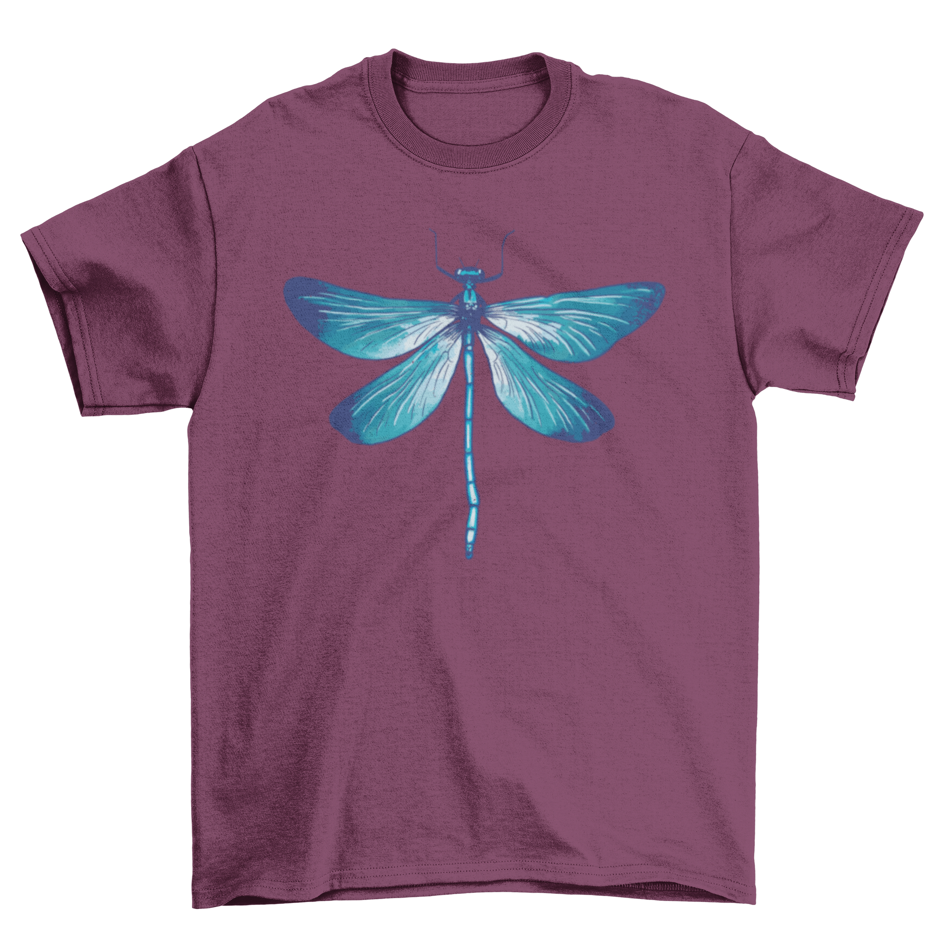 A realistic t-shirt design featuring a detailed blue dragonfly illustration, showcasing its vibrant colors and intricate wings.