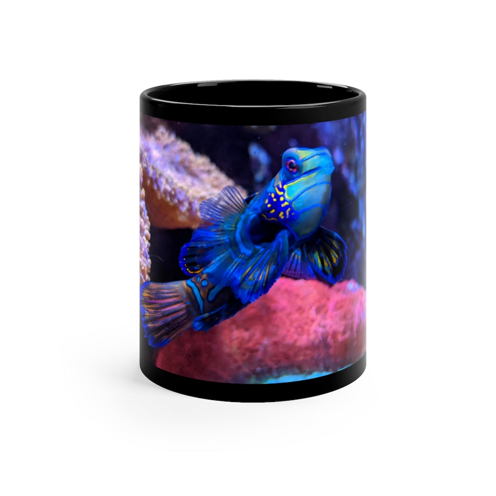 A sleek black ceramic mug with a C-handle, perfect for coffee, tea, or hot chocolate, featuring customizable design options.